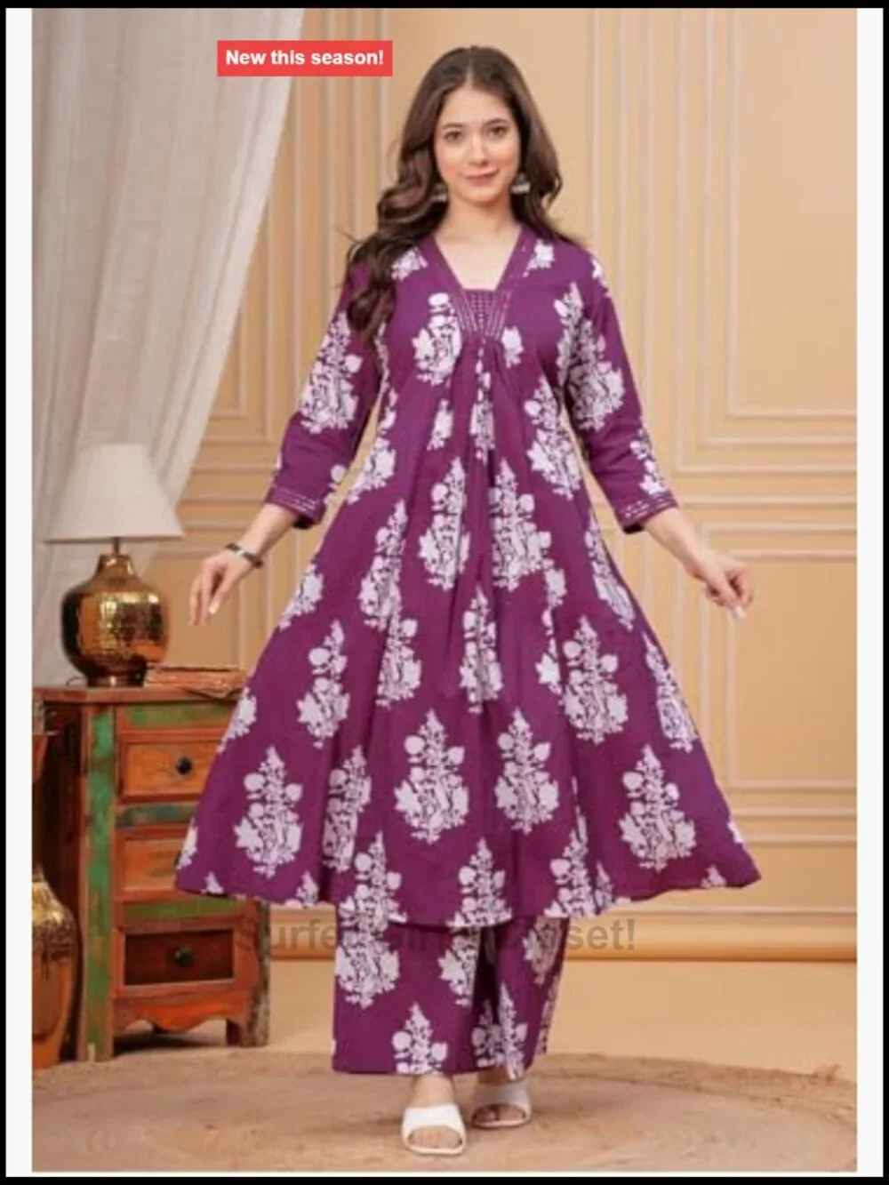 Rayon Anarkali Printed Kurta with Palazzo & Dupatta Set